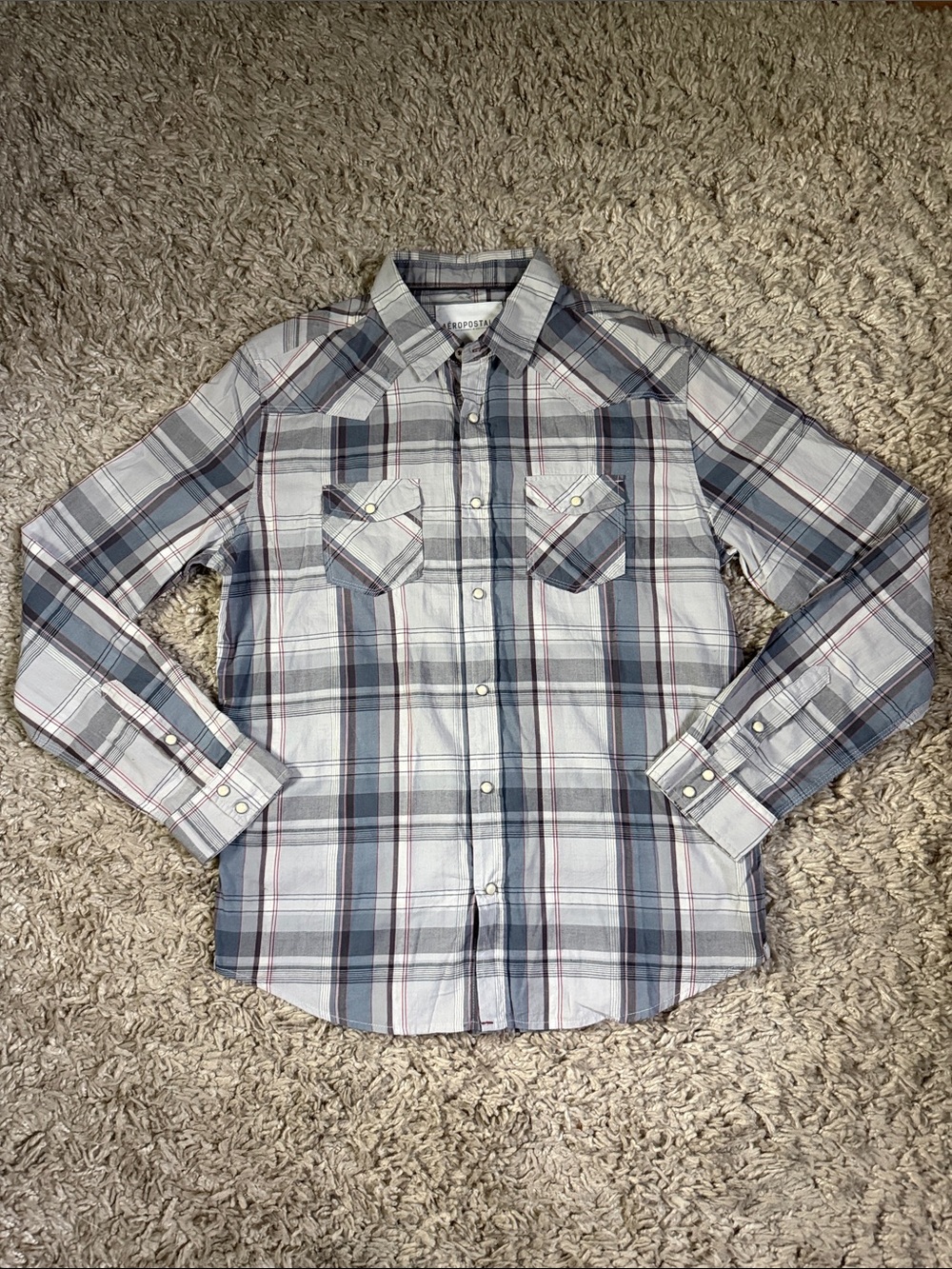 Aeropostale Men's Plaid Long Sleeve Western Pearl Snap Shirt Gray/Blue -Size M